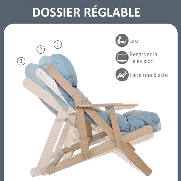 HOMCOM Skládací a polohovací dřevěná relaxační židle s tlustým polstrovaným polštářem - 71 x 89 x 96 cm, šedá | Aosom