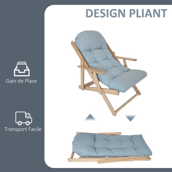 HOMCOM Skládací a polohovací dřevěná relaxační židle s tlustým polstrovaným polštářem - 71 x 89 x 96 cm, šedá | Aosom