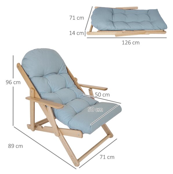 HOMCOM Skládací a polohovací dřevěná relaxační židle s tlustým polstrovaným polštářem - 71 x 89 x 96 cm, šedá | Aosom