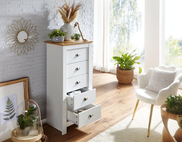 S 5 zásuvkami 53x114x39 cm komoda bílá / dub moderní | Wohnling