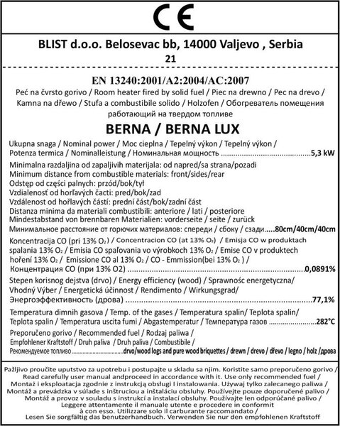 Krbová kamna BLIST Berna Lux, 6 kW, červená