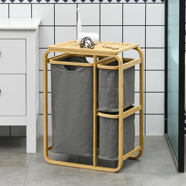 HOMCOM Bambusový koš na prádlo se 3 odnímatelnými a posuvnými textilními koši - 49L x 33W x 70H cm šedý | Aosom