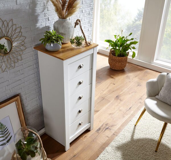 Komoda FineBuy s 5 zásuvkami, 53 x 114 x 39 cm, bílá / dub, moderní design, vysoká úzká komoda se zásuvkami do obývacího pokoje