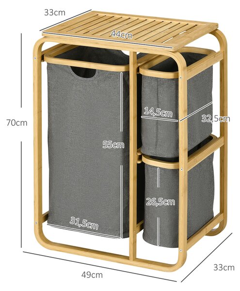 HOMCOM Bambusový koš na prádlo se 3 odnímatelnými a posuvnými textilními koši - 49L x 33W x 70H cm šedý | Aosom