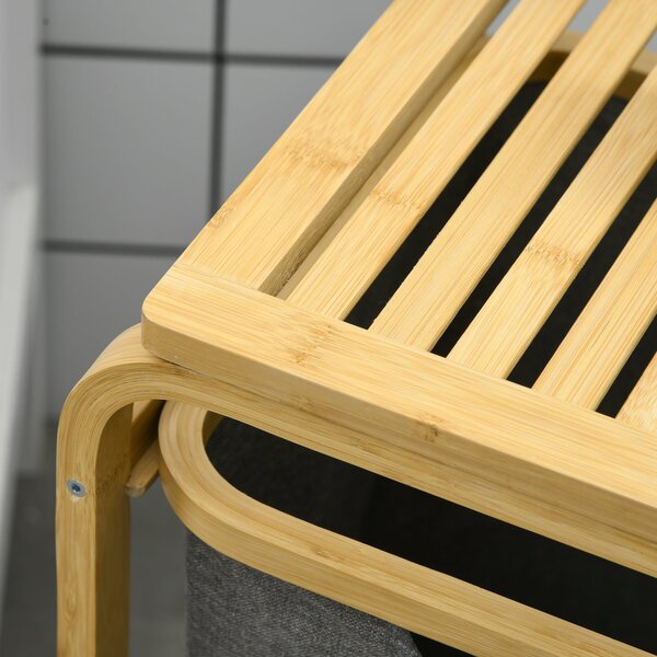 HOMCOM Bambusový koš na prádlo se 3 odnímatelnými a posuvnými textilními koši - 49L x 33W x 70H cm šedý | Aosom
