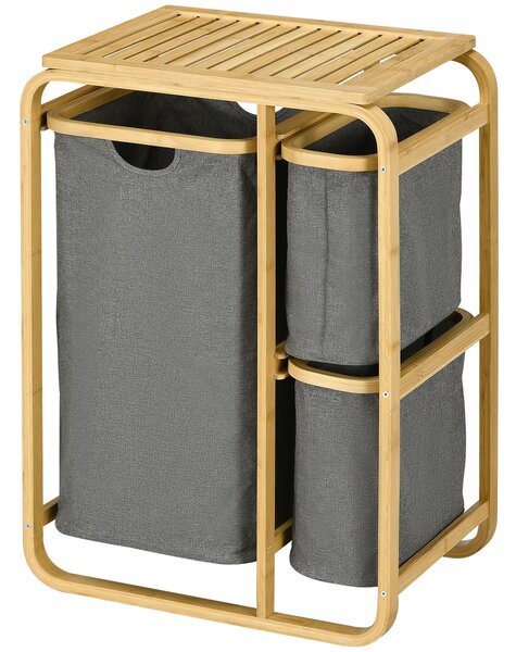 HOMCOM Bambusový koš na prádlo se 3 odnímatelnými a posuvnými textilními koši - 49L x 33W x 70H cm šedý | Aosom