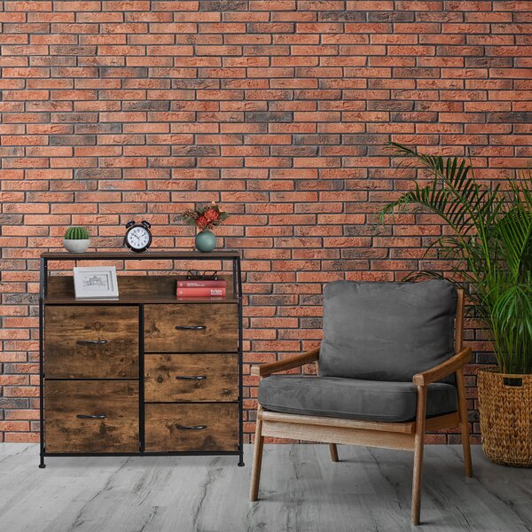Komoda Relaxdays, 5 zásuvek, 2 police, na knihy a dekorace, komoda s policemi v industriálním stylu, VxŠxH: 87x84x32 cm, hnědá/černá