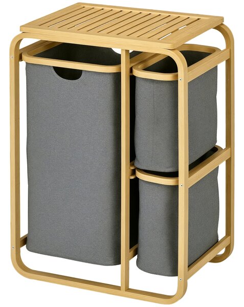 HOMCOM Bambusový koš na prádlo se 3 odnímatelnými a posuvnými textilními koši - 49L x 33W x 70H cm šedý | Aosom
