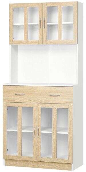 HOMCOM Vysoký kuchyňský bufetový skříň s vícerozměrným úložným prostorem, 4 skleněné dveře, bílé dřevo s posuvnou zásuvkou a širokou plochou v vzhledu