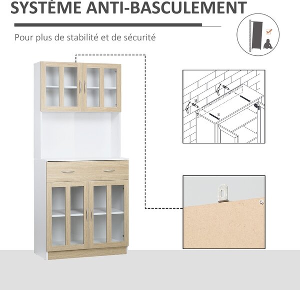HOMCOM Vysoký kuchyňský bufetový skříň s vícerozměrným úložným prostorem, 4 skleněné dveře, bílé dřevo s posuvnou zásuvkou a širokou plochou v vzhledu
