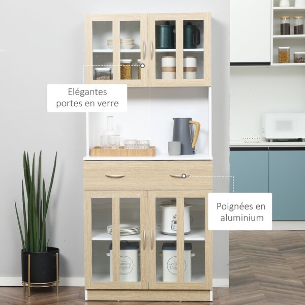 HOMCOM Vysoký kuchyňský bufetový skříň s vícerozměrným úložným prostorem, 4 skleněné dveře, bílé dřevo s posuvnou zásuvkou a širokou plochou v vzhledu