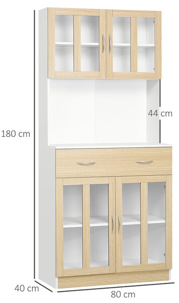 HOMCOM Vysoký kuchyňský bufetový skříň s vícerozměrným úložným prostorem, 4 skleněné dveře, bílé dřevo s posuvnou zásuvkou a širokou plochou v vzhledu