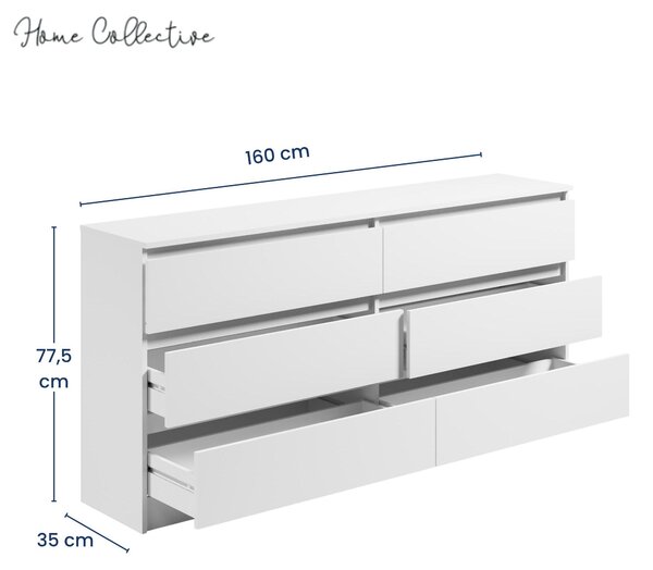 Home Collective Komoda s 6 zásuvkami | Komoda do obývacího pokoje | Spousta úložného prostoru díky 6 zásuvkám, šířka 160 cm | Nábytek do ložnice, předsíně a šatny | 160 x 77,5 x 35 cm | bílá