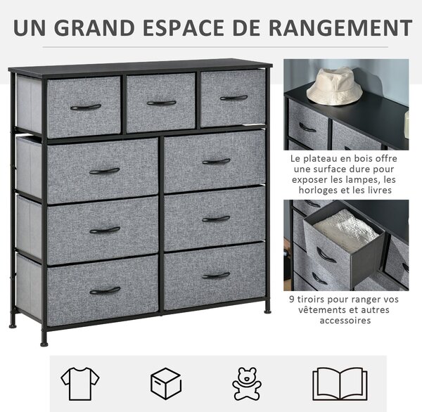 HOMCOM Úložný Organizační Šuplíkový Výsuvník se 9 přihrádkami - Černý Ocelový Rám - 100 x 30 x 100 cm, Ložnice, Vstupní Prostor, Obývací Pokoj, Černá
