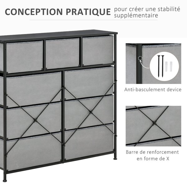 HOMCOM Úložný Organizační Šuplíkový Výsuvník se 9 přihrádkami - Černý Ocelový Rám - 100 x 30 x 100 cm, Ložnice, Vstupní Prostor, Obývací Pokoj, Černá