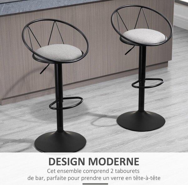 HOMCOM Sada 2 barových židlí v neo-retro designu s nastavitelným otočným kovovým podnožím, černá šedá len | Aosom