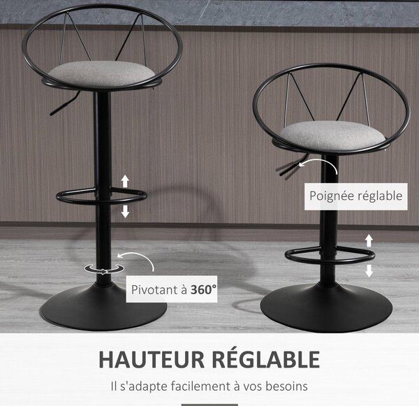 HOMCOM Sada 2 barových židlí v neo-retro designu s nastavitelným otočným kovovým podnožím, černá šedá len | Aosom