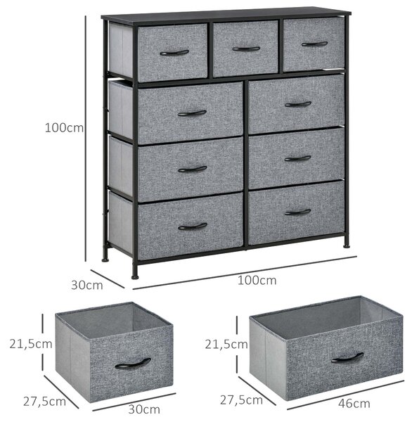 HOMCOM Úložný Organizační Šuplíkový Výsuvník se 9 přihrádkami - Černý Ocelový Rám - 100 x 30 x 100 cm, Ložnice, Vstupní Prostor, Obývací Pokoj, Černá