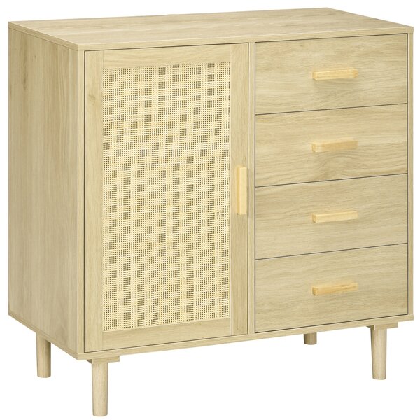 Úložný kabinet HOMCOM z ratanu s dvířky z proutí a 4 zásuvkami, do jídelny, obývacího pokoje, ložnice, 80 x 38 x 80,5 cm, efekt přirozeného dřeva | Ao