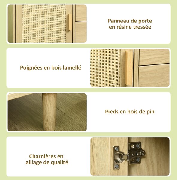 Úložný kabinet HOMCOM z ratanu s dvířky z proutí a 4 zásuvkami, do jídelny, obývacího pokoje, ložnice, 80 x 38 x 80,5 cm, efekt přirozeného dřeva | Ao