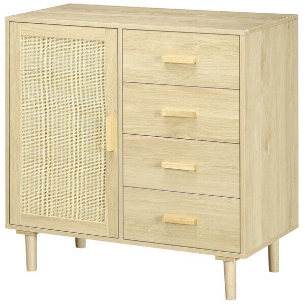 Úložný kabinet HOMCOM z ratanu s dvířky z proutí a 4 zásuvkami, do jídelny, obývacího pokoje, ložnice, 80 x 38 x 80,5 cm, efekt přirozeného dřeva | Ao