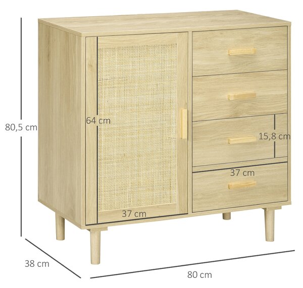 Úložný kabinet HOMCOM z ratanu s dvířky z proutí a 4 zásuvkami, do jídelny, obývacího pokoje, ložnice, 80 x 38 x 80,5 cm, efekt přirozeného dřeva | Ao