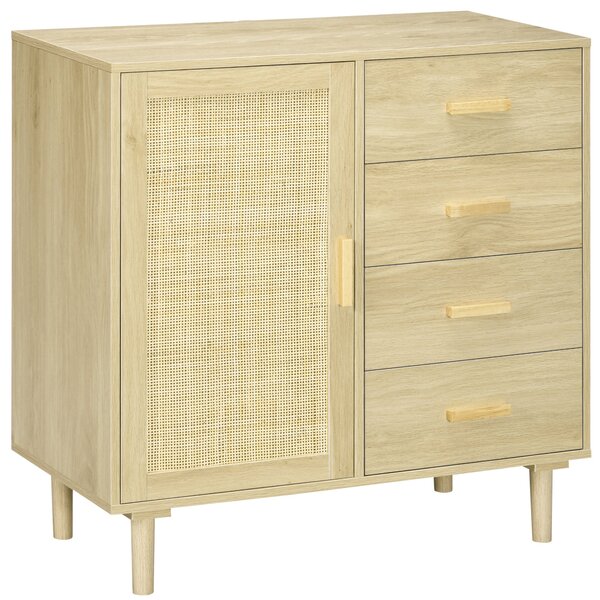 Úložný kabinet HOMCOM z ratanu s dvířky z proutí a 4 zásuvkami, do jídelny, obývacího pokoje, ložnice, 80 x 38 x 80,5 cm, efekt přirozeného dřeva | Ao