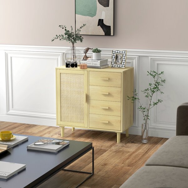 Úložný kabinet HOMCOM z ratanu s dvířky z proutí a 4 zásuvkami, do jídelny, obývacího pokoje, ložnice, 80 x 38 x 80,5 cm, efekt přirozeného dřeva | Ao