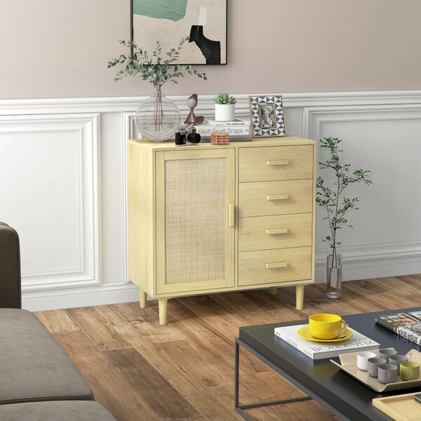 Úložný kabinet HOMCOM z ratanu s dvířky z proutí a 4 zásuvkami, do jídelny, obývacího pokoje, ložnice, 80 x 38 x 80,5 cm, efekt přirozeného dřeva | Ao