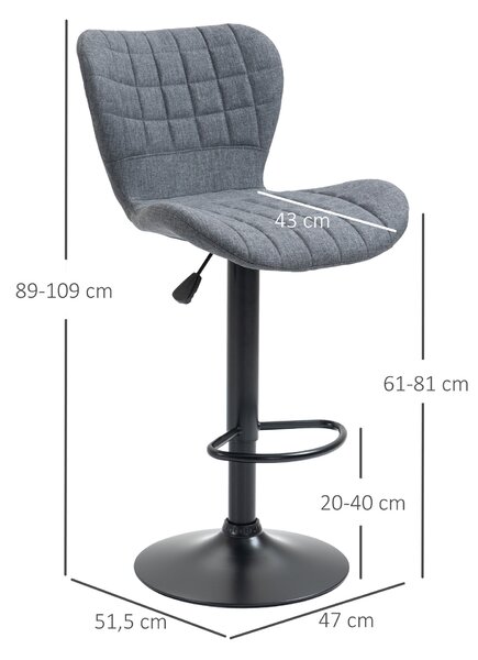 HOMCOM Sada 2 Barových Židlí s Prohnutým Polstrovaným Opěradlem, Nastavitelná Výška Sedáku 61-81 cm, 360° Otočné Sametové Podnožky Šedá | Aosom