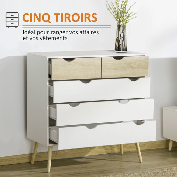 HOMCOM Skandinávský Design 5-Šuplíková Komoda Z Obalových Desek 99 x 39 x 101 cm Bílá Světle Dubová | Aosom