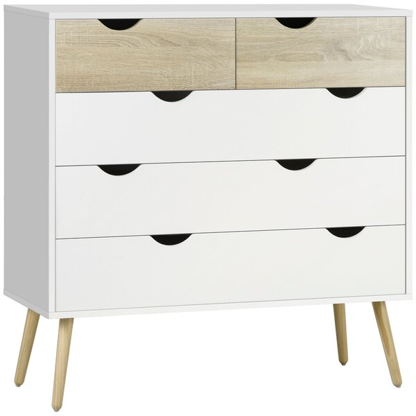 HOMCOM Skandinávský Design 5-Šuplíková Komoda Z Obalových Desek 99 x 39 x 101 cm Bílá Světle Dubová | Aosom