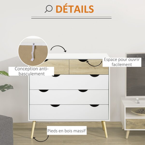 HOMCOM Skandinávský Design 5-Šuplíková Komoda Z Obalových Desek 99 x 39 x 101 cm Bílá Světle Dubová | Aosom