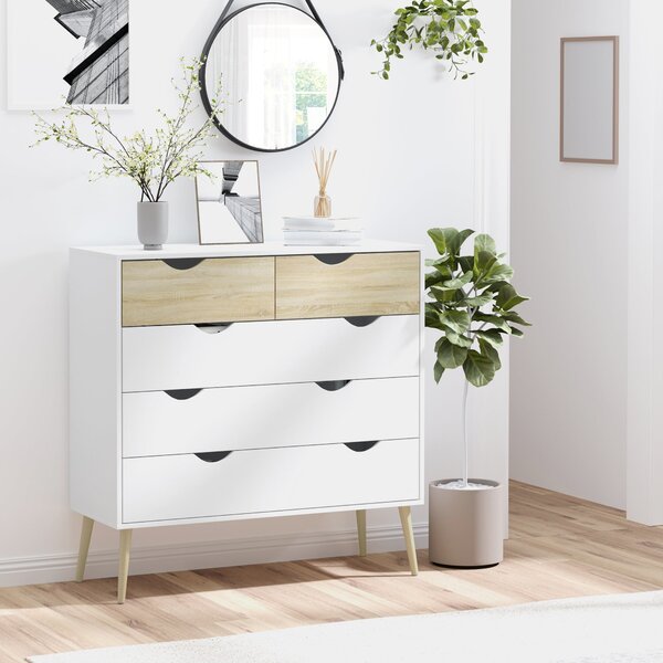 HOMCOM Skandinávský Design 5-Šuplíková Komoda Z Obalových Desek 99 x 39 x 101 cm Bílá Světle Dubová | Aosom