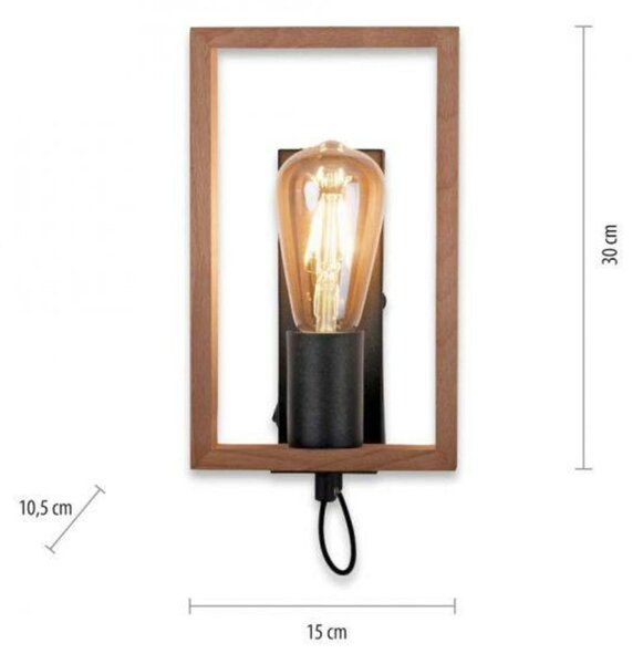LEUCHTEN DIREKT is JUST LIGHT nástěnné svítidlo, černá, dřevěný rám, kolébkový spínač, kov, 1 ramenné