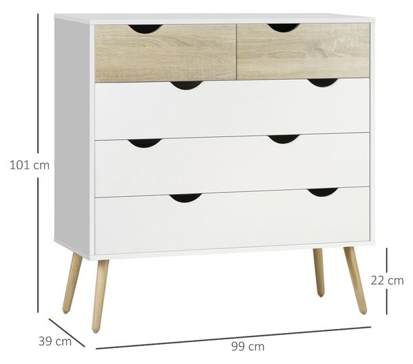HOMCOM Skandinávský Design 5-Šuplíková Komoda Z Obalových Desek 99 x 39 x 101 cm Bílá Světle Dubová | Aosom