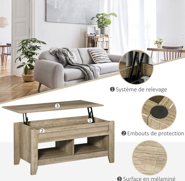 HOMCOM Zvedací Konferenční Stolek, Stolek do Obývacího Pokoje se Policemi a Skrytým Úložištěm, 105 x 50 x 49-62,5 cm do Obývacího Pokoje, Ložnice, Dub