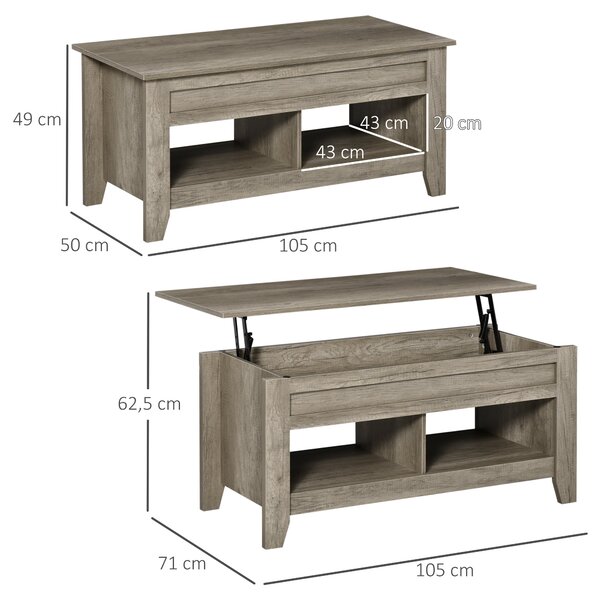 HOMCOM Zvedací Konferenční Stolek, Stolek do Obývacího Pokoje se Policemi a Skrytým Úložištěm, 105 x 50 x 49-62,5 cm do Obývacího Pokoje, Ložnice, Dub