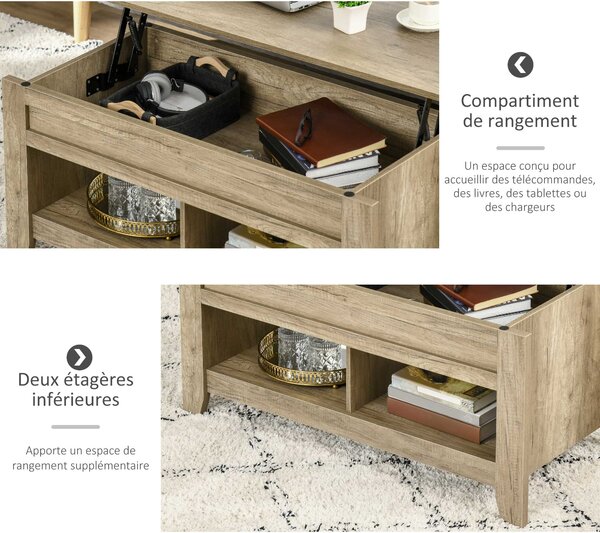 HOMCOM Zvedací Konferenční Stolek, Stolek do Obývacího Pokoje se Policemi a Skrytým Úložištěm, 105 x 50 x 49-62,5 cm do Obývacího Pokoje, Ložnice, Dub