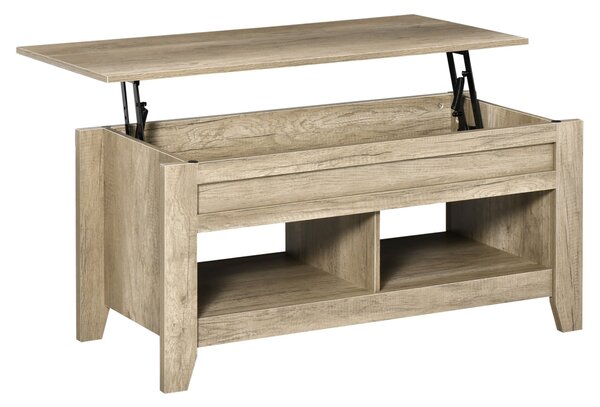 HOMCOM Zvedací Konferenční Stolek, Stolek do Obývacího Pokoje se Policemi a Skrytým Úložištěm, 105 x 50 x 49-62,5 cm do Obývacího Pokoje, Ložnice, Dub