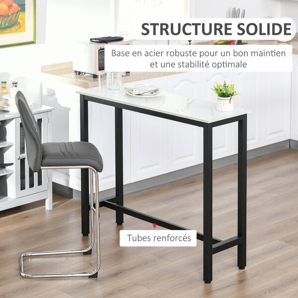 HOMCOM Vysoký Barový Stůl - 120L x 40W x 100H cm - Černý Ocelový Rám, Bílé Mramorové Víko | Aosom