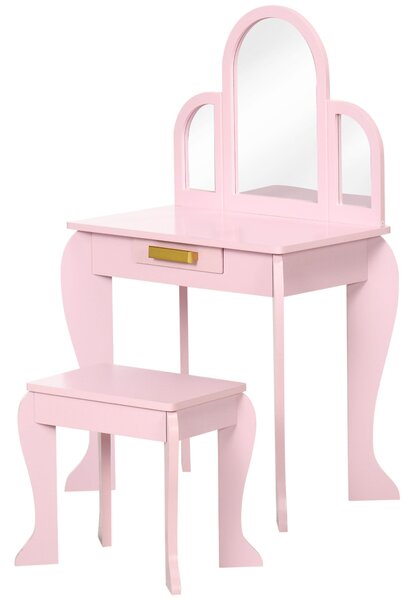 HOMCOM Dětský Toaletní Stolek s Taburetem a 3 Zrcadly - 3-6 let - 52 x 32 x 85 cm - Růžový | Aosom