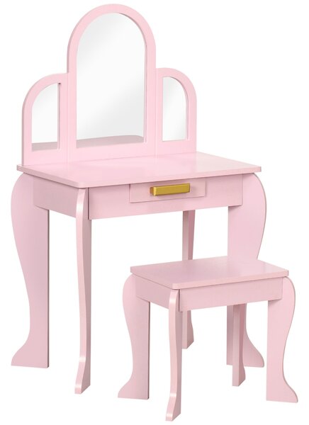 HOMCOM Dětský Toaletní Stolek s Taburetem a 3 Zrcadly - 3-6 let - 52 x 32 x 85 cm - Růžový | Aosom