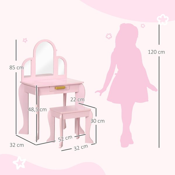 HOMCOM Dětský Toaletní Stolek s Taburetem a 3 Zrcadly - 3-6 let - 52 x 32 x 85 cm - Růžový | Aosom