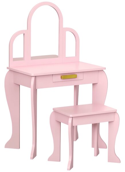 HOMCOM Dětský Toaletní Stolek s Taburetem a 3 Zrcadly - 3-6 let - 52 x 32 x 85 cm - Růžový | Aosom
