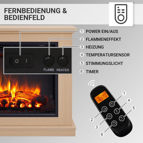 Elektrický krb BALDERIA Phanos – topný výkon až 2000 W, světlý dub