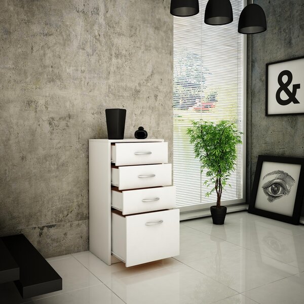 Komoda se 4 zásuvkami s matným povrchem, komoda šířka 45 cm dřevěná skříňka komoda příborník highboard bílá