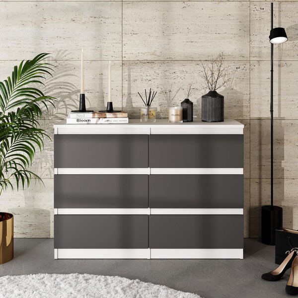 Komoda / příborník se 6 zásuvkami - bílá matná / antracit V71cm Š100cm TD33cm