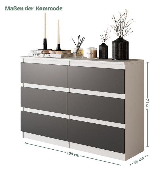 Komoda / příborník se 6 zásuvkami - bílá matná / antracit V71cm Š100cm TD33cm