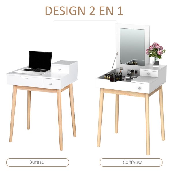 HOMCOM Toaletní Stůl s Zrcadlem Moderní Styl - 2 Zásuvky, Sklopné Zrcadlo do Ložnice, Obývacího Pokoje, 60 x 50 x 85,5 cm | Aosom